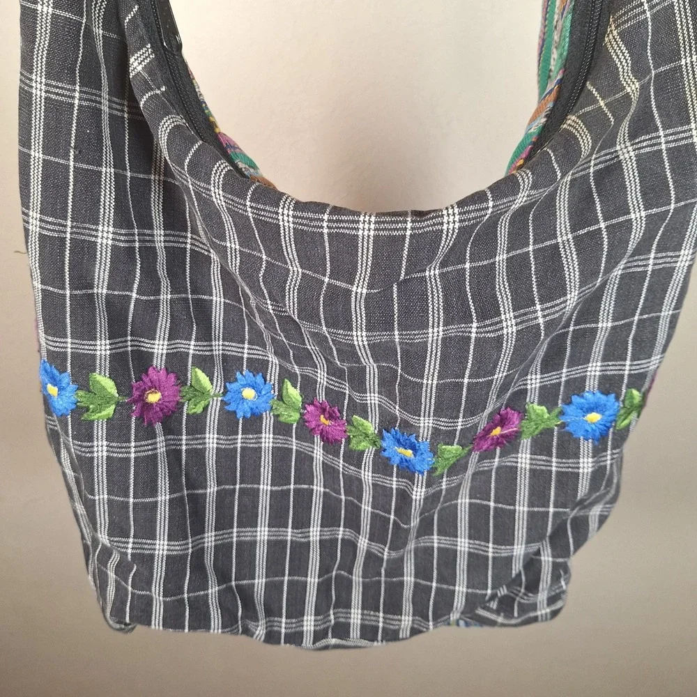 Y2K Baja Festival Hobo Hippie Bag Embroidered Southwestern Aztec Floral Flowers